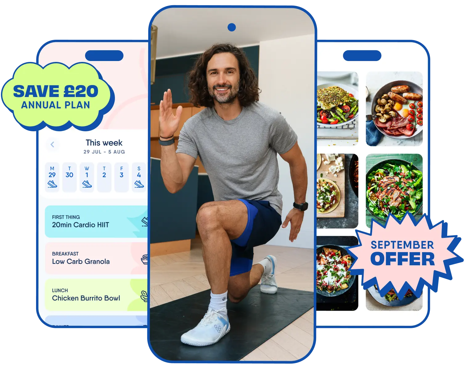 Screenshots of The Body Coach app showing workout and recipe planning, a variety of recipes, and a screen grab of Joe Wicks exercising.
